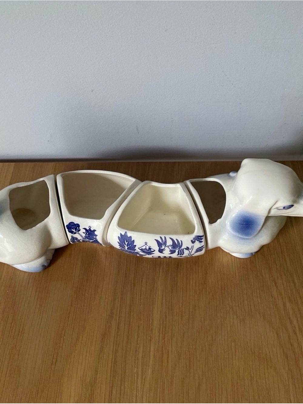 Vintage Blue Willow Dachshund 4-Piece Ceramic Planter Snack Set Japan - Picture 2 of 16